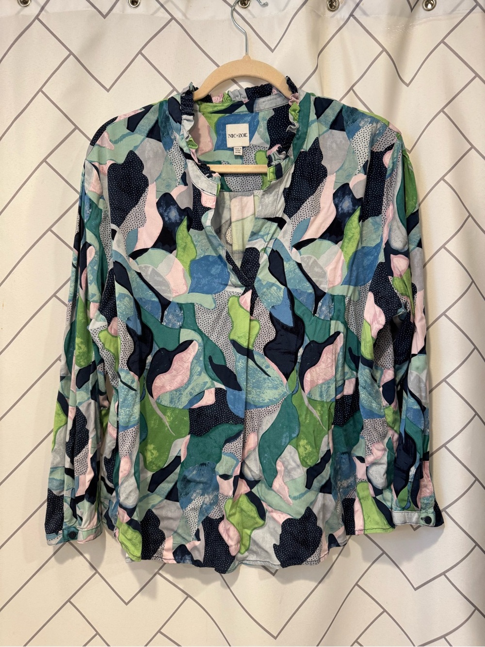 NIC+ZOE Abstract Leaf-Print Blouse in Blue, Green, Pink